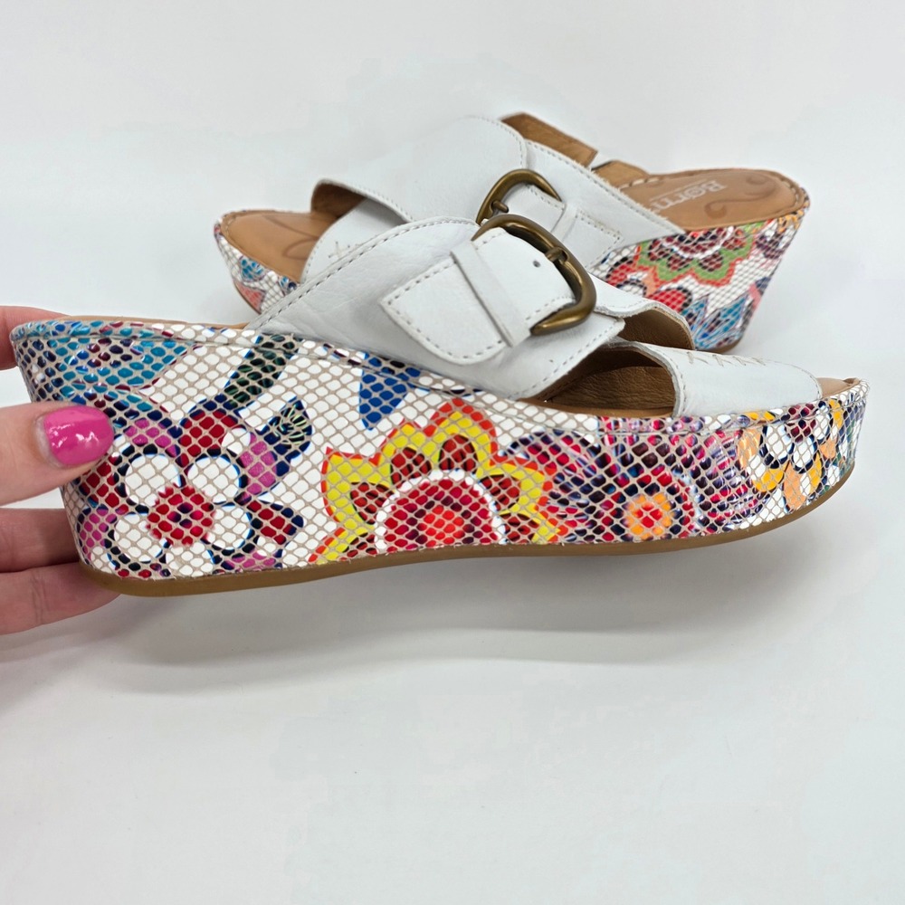 Born Ashley Wedge Sandals Cross White Leather Colorful Floral Platform Shoes 9 M